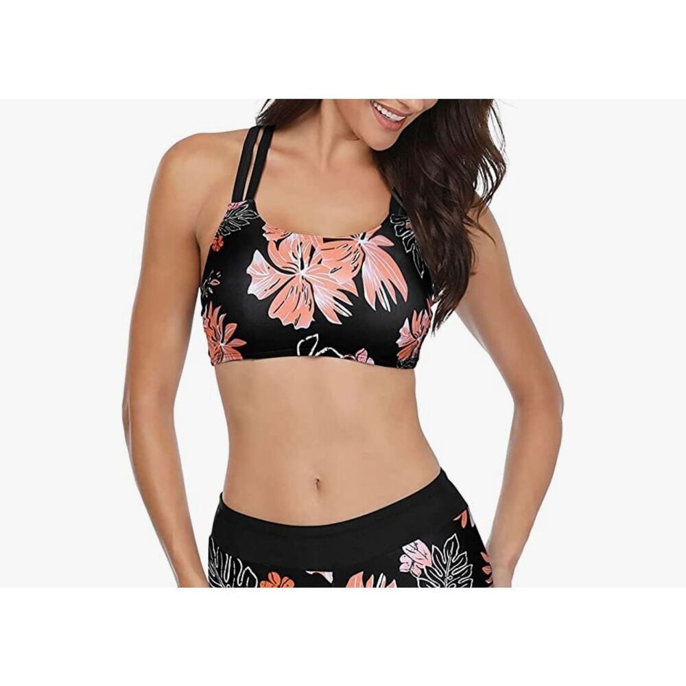 NWT Womens Yonique Black Floral Print Strappy Bikini Swim Top - Sz XXL